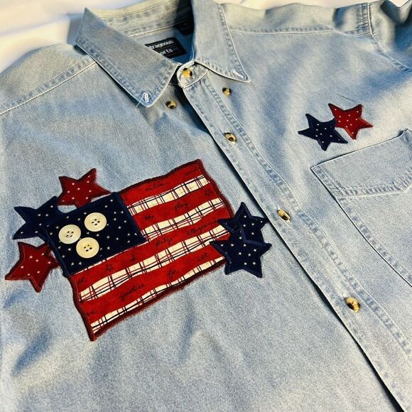 Patriotic Outrageous Sport Men Denim Button Down Shirt Blue Embroidered Cotton L - Picture 2 of 13